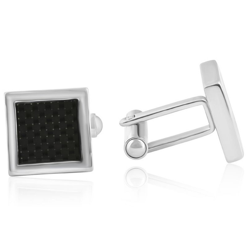 Pompeii3 Men's Stainless Steel And Black Carbon Fiber Rectangle Polished Cufflink 13mm, 2 of 4