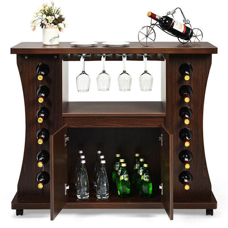 Costway Rolling Buffet Sideboard Wooden Bar Storage Cabinet w/ Wine Rack & Glass Holder, 4 of 11