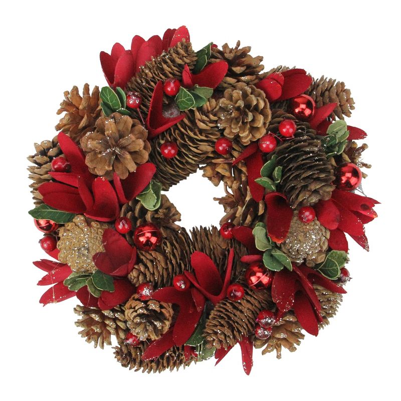 Northlight 10" Unlit Ornaments with Glittered Pine Cone Red Floral Artificial Christmas Wreath, 1 of 2