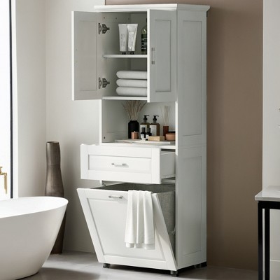 70" H Tall Bathroom Cabinet with Laundry Basket, Double Storage Cabinets with Doors and Open Storage Space - Leovsnove