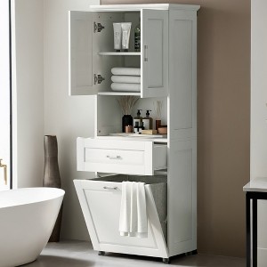 70" H Tall Bathroom Cabinet with Laundry Basket, Double Storage Cabinets with Doors and Open Storage Space - Leovsnove - 1 of 4