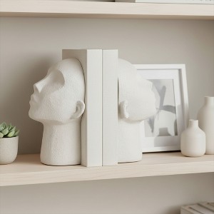 Sculptural Resin Textured Head Book Ends - Contemporary Artistic Bookends for Office Spaces, Desk Decor, or Home Library Accents - Set of 2, 9", White - 1 of 4