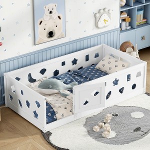 CAVINAS Twin/Full Size White Bed Frame with Heightened Guardrails,Solid Wood Floor Bed for Kids Room,Bedroom - 1 of 4