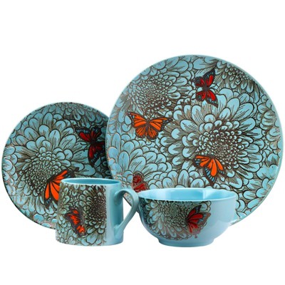 16pc Stoneware Mariposa Paradise Dinnerware Set Orange/Blue - Elama