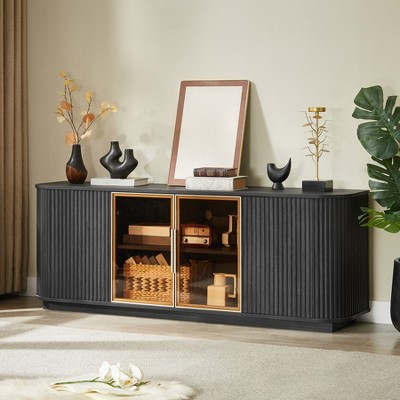 64 Inch Modern TV Stand, Wooden Entertainment Center with Storage, TV Console Table, Sideboard Buffet Cabinet for Living Room, Black Glass Door