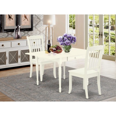 East West Furniture 3 Pc Kitchen Table set - Robust Two 9-Inch Drop Down Leaves Solid Wood Dinette Table & 2 Wooden Seat Dining Chairs,  White