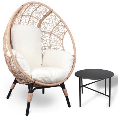 YOOCOZZ Outdoor PE Rattan Egg Chair with Curved Back, Semi-Enclosed Oversized Cushion and Side Table - Beige