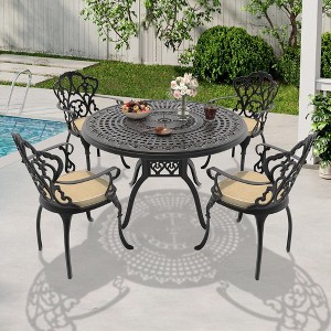 5-Piece Cast Aluminum Outdoor Dining Set with Beige Cushions, Round Table & Ergonomic Chairs - for Patio, Backyard - 1 of 4