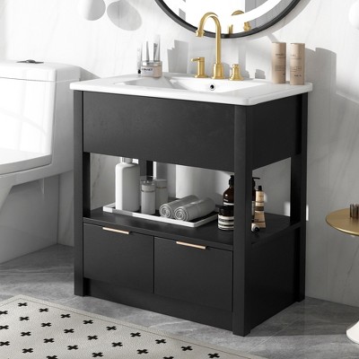 Whisen 30" Bathroom Vanity with Sink Top, Bathroom Cabinet with Open Storage Shelf and Drawers