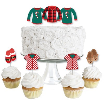 Big Dot of Happiness Christmas Pajamas - Dessert Cupcake Toppers - Holiday Plaid PJ Party Clear Treat Picks - Set of 24