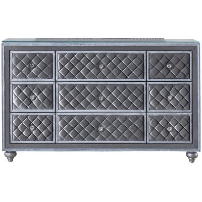 1pc Glam 9-Drawer Dresser w Tempered Glass Top Velvet Tufted Drawer Front Faux Crystal Drawer Knobs Bedroom Furniture