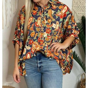 Women's Paisley Satin Oversized Blouse - eesome - 1 of 2
