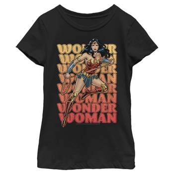 Girl's Wonder Woman Distressed Retro Name Stack T-Shirt
