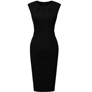 INSPIRE CHIC Women's Office Pleated Round Neck Work Sleeveless Sheath Pencil Dresses - 1 of 4