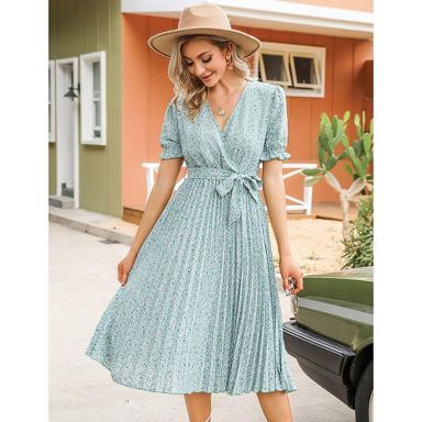 Women's Wrap V Neck Floral Pleated Dress Short Lantern Sleeve Belted Flowy  A Line Midi Dress X-Large Green : Target