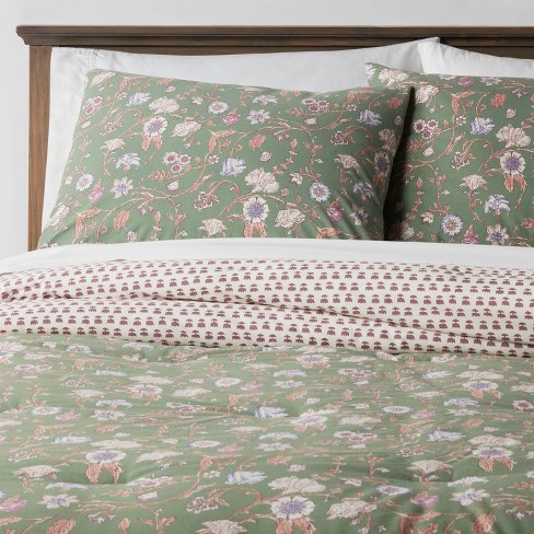3pc Full/queen Boho Reversible Printed Comforter & Sham Set Green Floral -  Threshold™ : Target