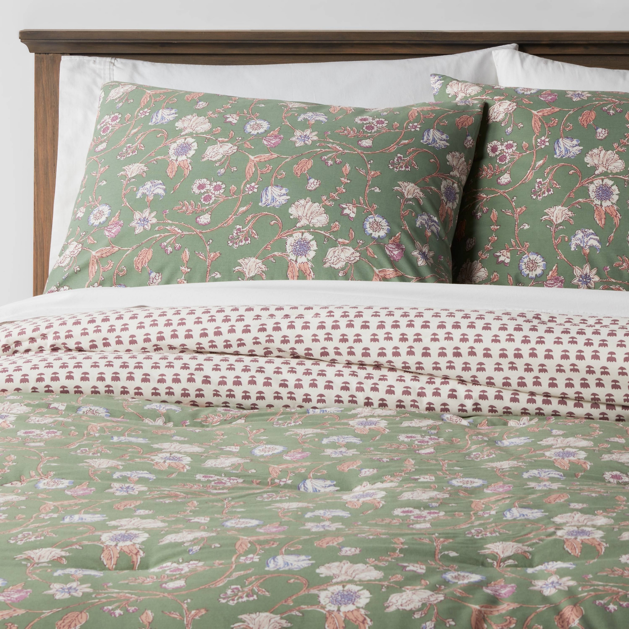 3pc King Boho Reversible Printed Comforter & Sham Set Green Floral - Threshold™