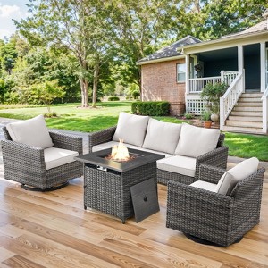 Buenhomino Patio Furniture with Fire Pit 4-Piece Wicker Outdoor Sectional Couch with Swivel Rocking Chairs, Propane Fire Pit Conversation Set - 1 of 4