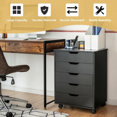 Black MDF 5-Drawer Mobile Storage Cabinet with Wheels