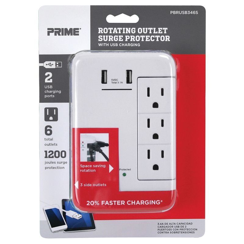 Prime Wire and Cable 6-Outlet Wall Tap with 1,200-Joule Surge Protection and Dual USB Charger, 4 of 5