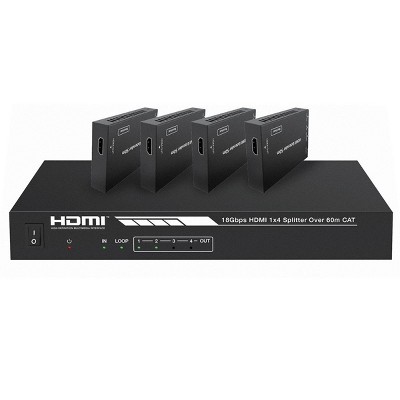 Monoprice Blackbird 4K HDMI 2.0 1x4 Splitter Extender Kit | 18Gbps, HDR, 4K@60Hz, Cat7 With IR, Loop Out, EDID, POC & 4 Receivers, Up to 60 Meter
