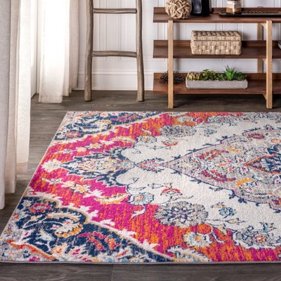 Bohemian Medallion 3' x 5' Blue and Coral Easy-Care Area Rug