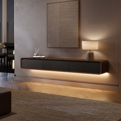 POVISON 79" Modern Floating TV Console with LED Lights, Dark Wood & Black Wall-Mounted Media Console with Storage