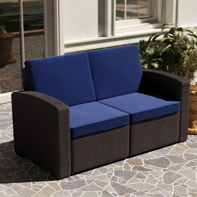 Merrick Lane Outdoor Furniture Resin Loveseat Faux Rattan Wicker Pattern 2-Seat Loveseat With All-Weather Cushions, 3 of 11