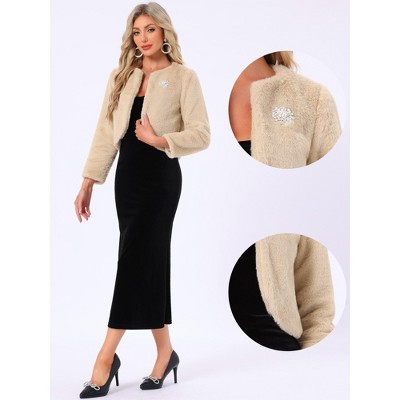 INSPIRE CHIC Women's Winter Open Front Short Faux Fur Jacket Large Light Khaki — фото 2
