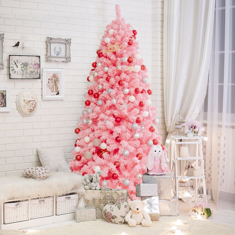Costway 7.5ft Snow Flocked Hinged Artificial Christmas Tree w/ Metal Stand Pink, 3 of 13