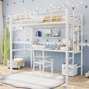 Twin Metal Loft Bed w/Large Desk & 2-Tier Shelves - Heavy-Duty w/Ladder/Guardrail & Steel Slats,Space-Saving for Kids/Adults - 1 of 4