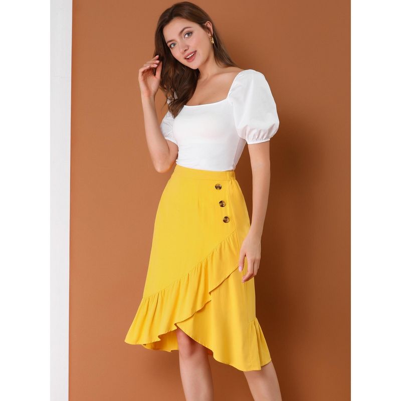 Allegra K Women's Button Decor High Waist Solid Color Asymmetrical Ruffle Skirt, 4 of 7