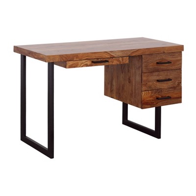 Treasure Trove Accents Four Drawer Writing Desk Montverde Natural: Sheesham Wood, Powder-Coated Metal Legs, Storage