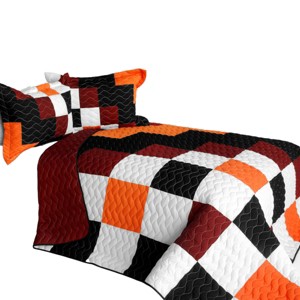 Slickblue Full/Queen Quilt Set, Intricate Hand-Stitching, Quilt & 2 Shams, Block Patchwork in Purple or White, 3PC - 1 of 4