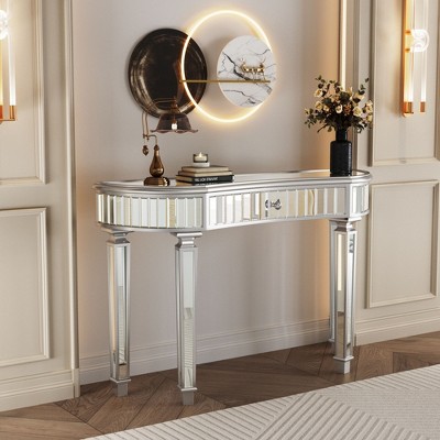 NicBex Half-Moon Shape Console Table with Mirrored Top, Entryway Table with Luted Glass & Knob Drawer, Side Table for Living Room, Entryway