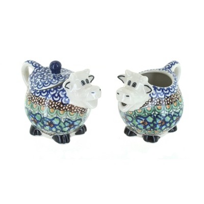 Blue Rose Polish Pottery Mardi Gras Cow Creamer & Sugar Set