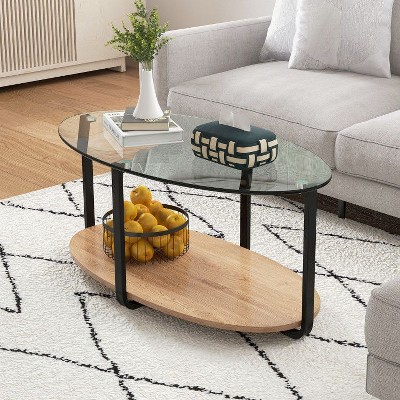 Yukimo 2-Tier Glass-Top Oval Coffee Table with Wooden Shelf for Living Room