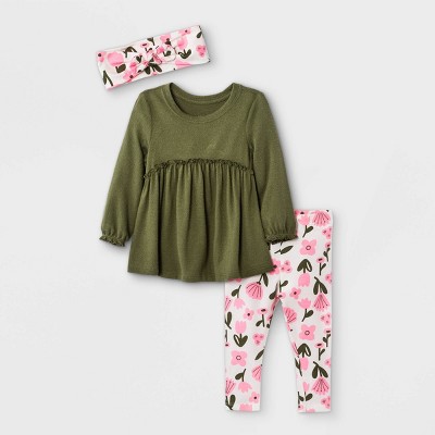 Baby Girls' 3pc Cozy Floral Tunic & Bottom Set with Headband - Cat & Jack™ Olive Green 18M