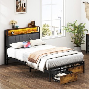 Single Measure Bed Frame Upholstered Platform Bed Frame equipped includes Storage Drawers, USB Ports, LED Lights, Upholstered Wingback Headboard - 1 of 4