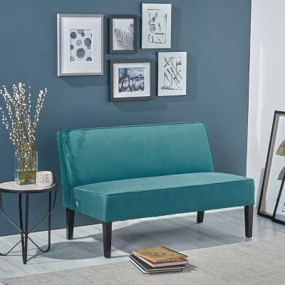 TiramisuBest Navy Blue Upholstered Settee, Button Tufted Loveseat with Wood Legs, Compact Sofa Bench for Small Spaces, Bedroom or Entryway