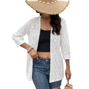 Embroidered 3/4 Sleeve Caridgan Open Front Bracelet Sleeve Lace Cardigan Lightweight Semi Sheer Beach Cover Up Tops Womens Summer Tops - 1 of 4