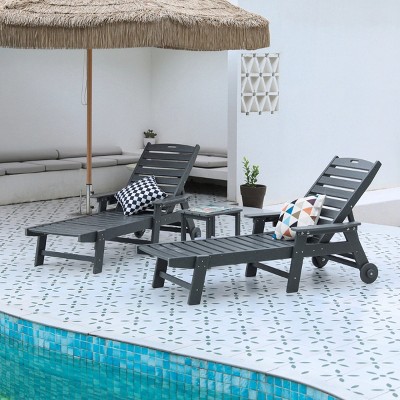 Outdoor Furniture Set,2 Outdoor Chaise Lounge With 1 Side Table,Patio Recliner With Wheels And Cup Holder,Patio Recliner For Poolside-Cuddlewood