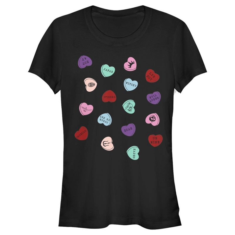 Juniors Womens Disney Villains Valentine's Day Candy Hearts T-Shirt, 1 of 5