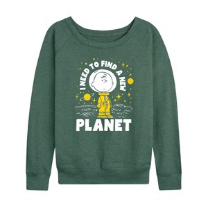 Women's - Peanuts - Charlie Astronaut I Need To Find A New Planet Lightweight French Terry Wide Neck Long Sleeve Shirt - 1 of 4