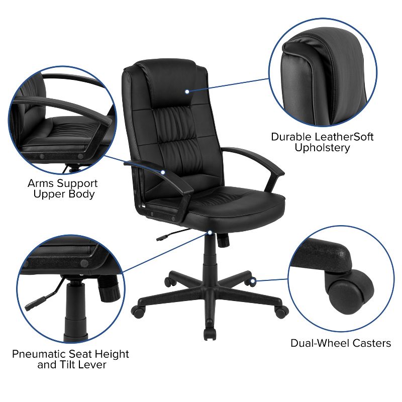 Flash Furniture Biscayne Flash Fundamentals High Back Black LeatherSoft-Padded Task Office Chair with Arms, 6 of 15