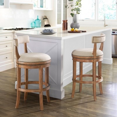 Weathered Brown and Beige Swivel Bar Stools with Nailhead Trim