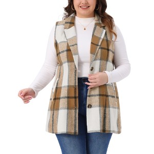 Women's Plus Size Plaid Sleeveless Notched Lapel Button Down Casual Vest with Pocket - Agnes Orinda - 1 of 4
