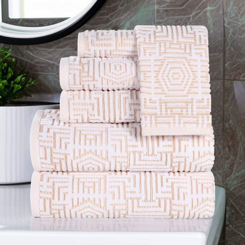 Cotton Modern Geometric Jacquard Soft Highly-Absorbent Assorted 6 Piece Bathroom Towel Set by Blue Nile Mills, 2 of 10
