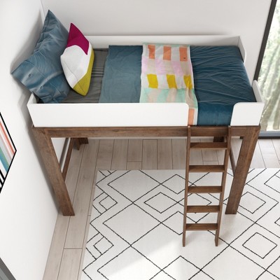 Walnut and White Twin Loft Bed with Wood Frame and Headboard