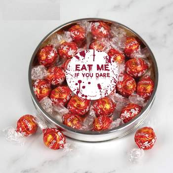 Halloween Candy Gift Tin with Chocolate Lindor Truffles by Lindt Large Plastic Tin with Sticker By Just Candy - Red